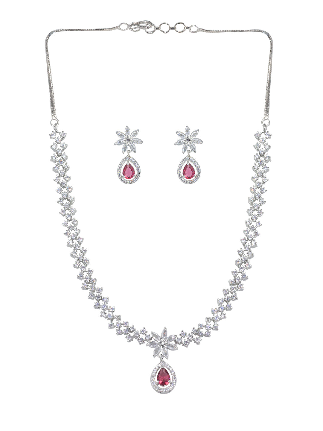 Rhodium Plated Red American Diamond Floral Drop Jewellery Set