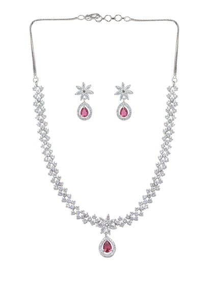 Rhodium Plated Red American Diamond Floral Drop Jewellery Set