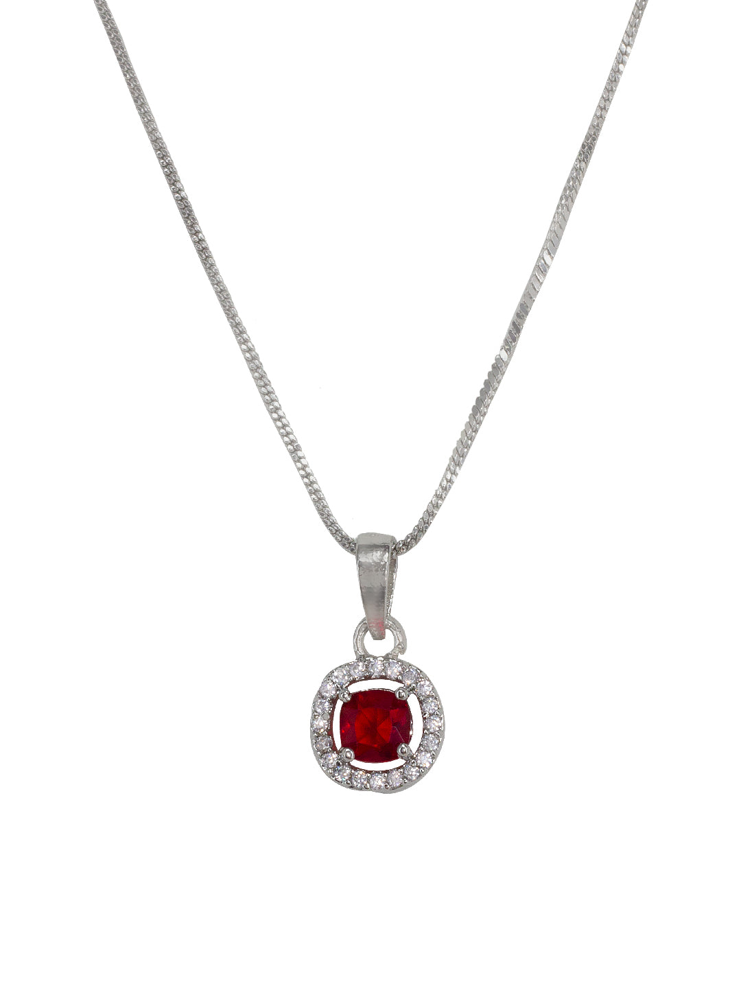 Rhodium Plated Red American Diamond Studded Pendant & Earring Set