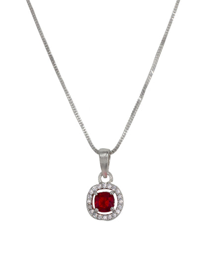 Rhodium Plated Red American Diamond Studded Pendant & Earring Set