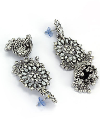 Silver Oxidised Floral Jhumka Earrings