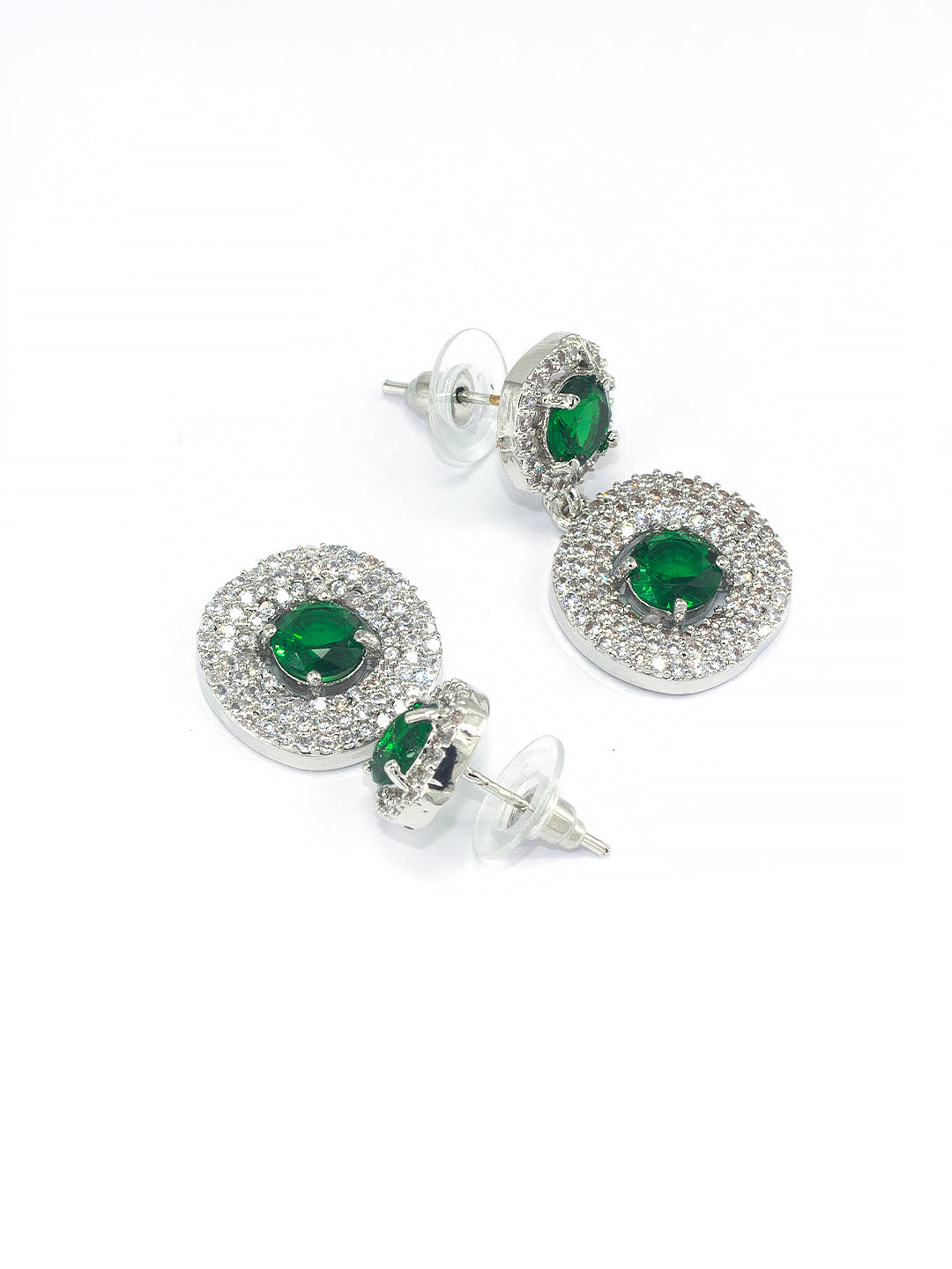 Rhodium Plated Green American Diamond Trendy Drop Earrings