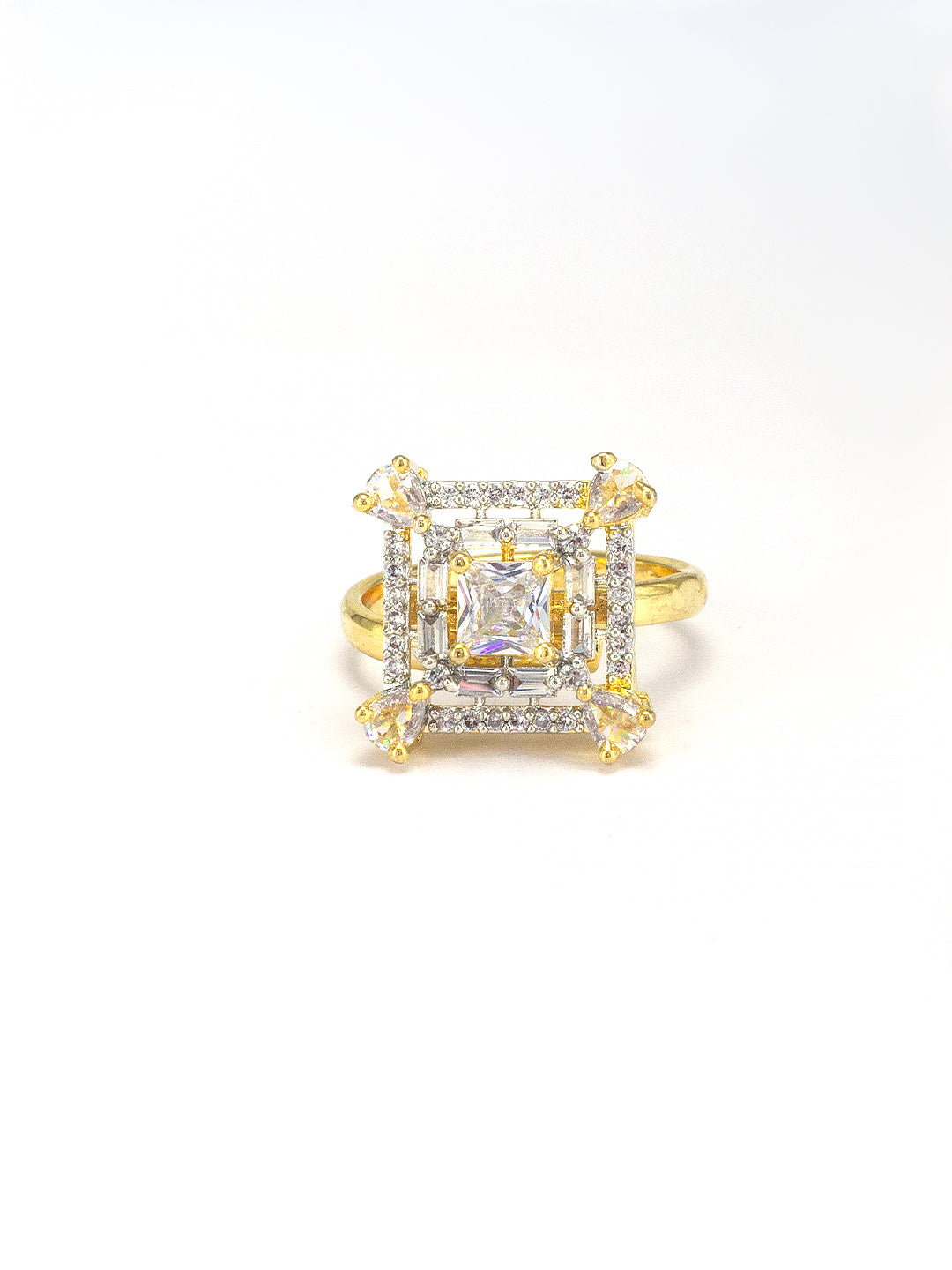 Gold Plated Square American Diamond Adjustable Finger Ring