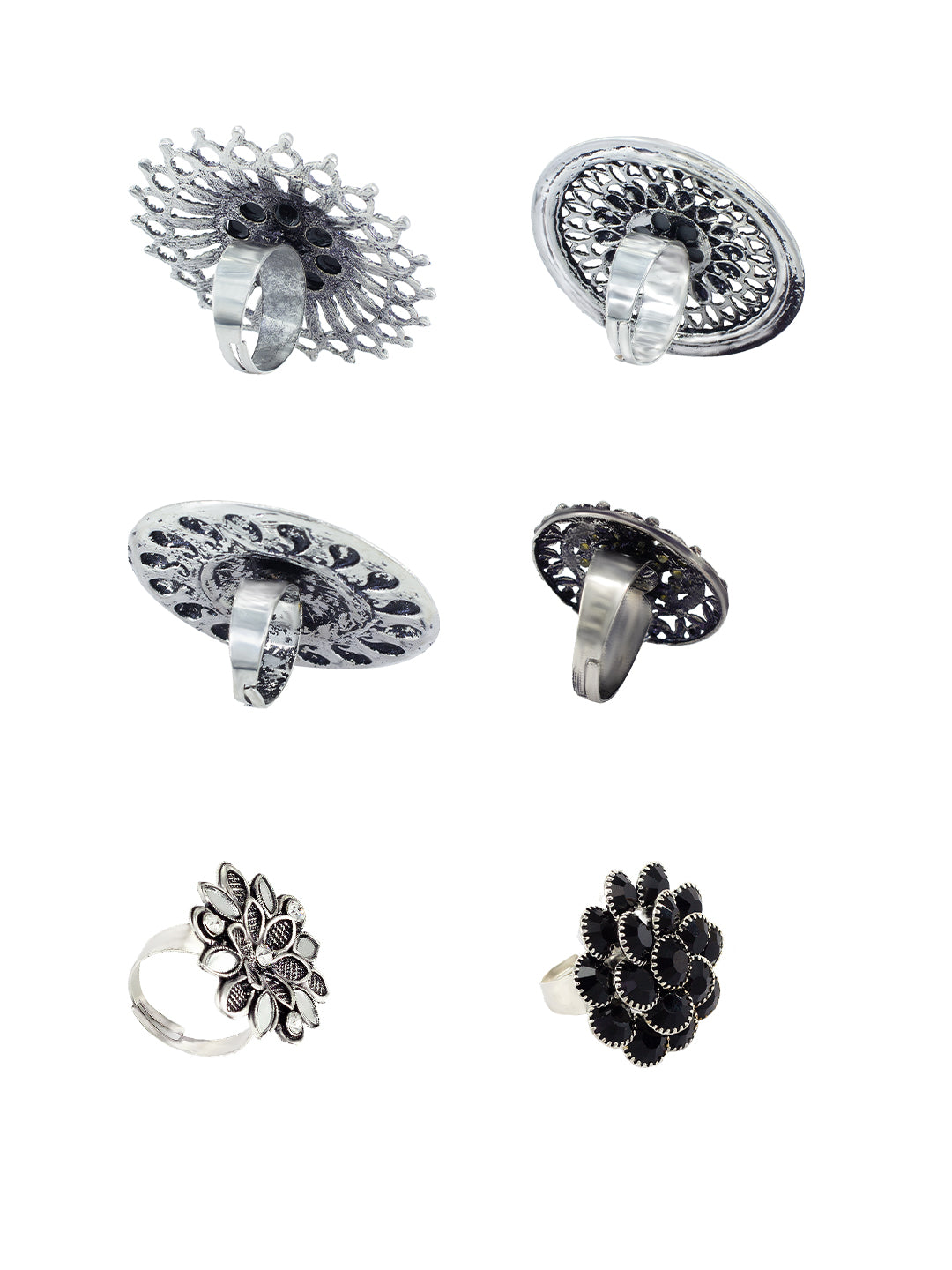 Set of 6 Silver Oxidised Black Artificial Stone Floral Adjustable Finger Ring