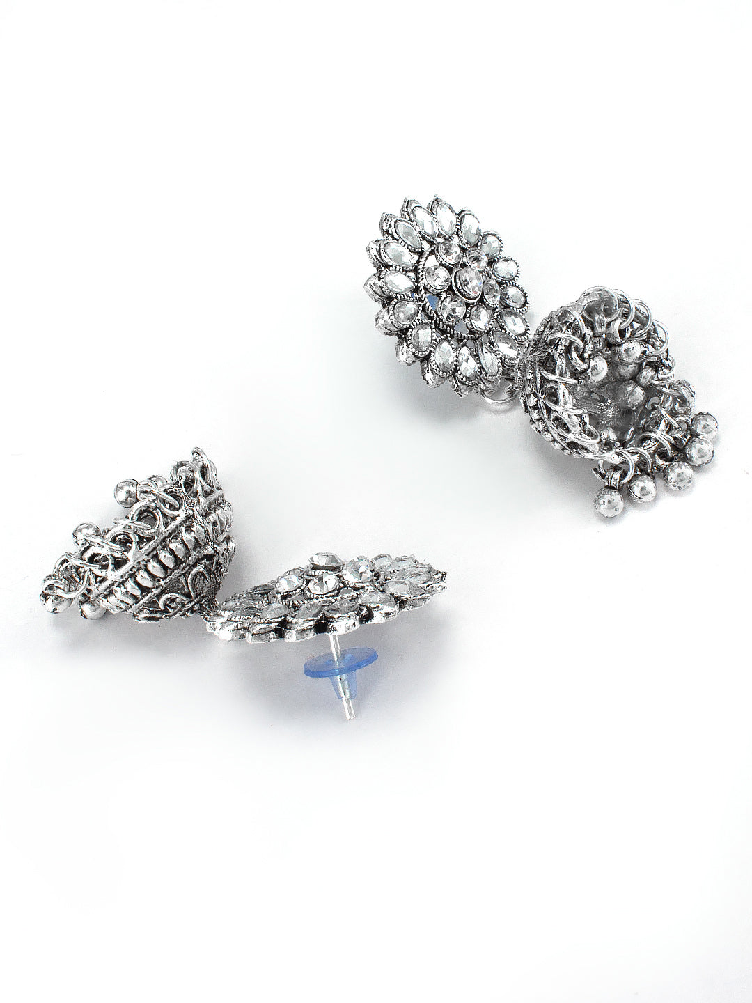 Silver-Oxidised Floral Stone & Beades Studded Jewellery Set