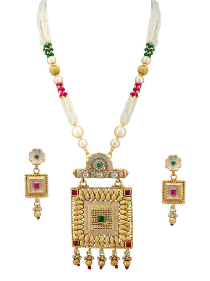 Gold-Plated Artificial Stones-Studded & Beaded Necklace And Earrings