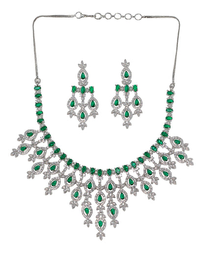 Rhodium Plated American Diamond Studded Green Jewellery Set