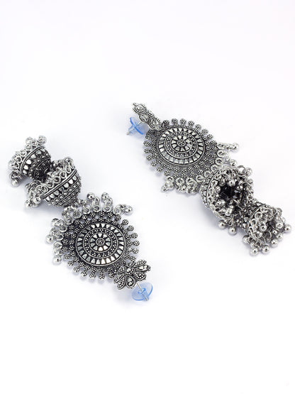 Silver Oxidised Floral Jhumka Earrings