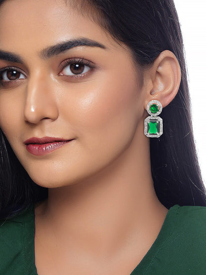 Rhodium Plated Green American Diamond Square Drop Earrings