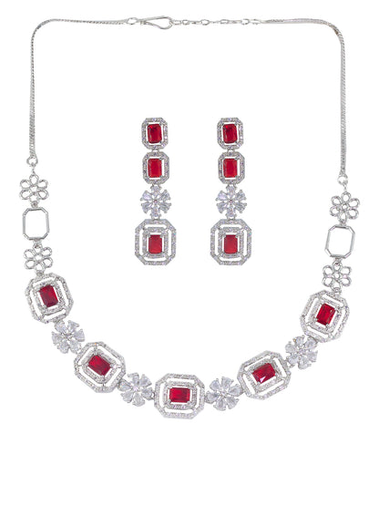 Rhodium Plated Red Floral American Diamond Jewellery Set