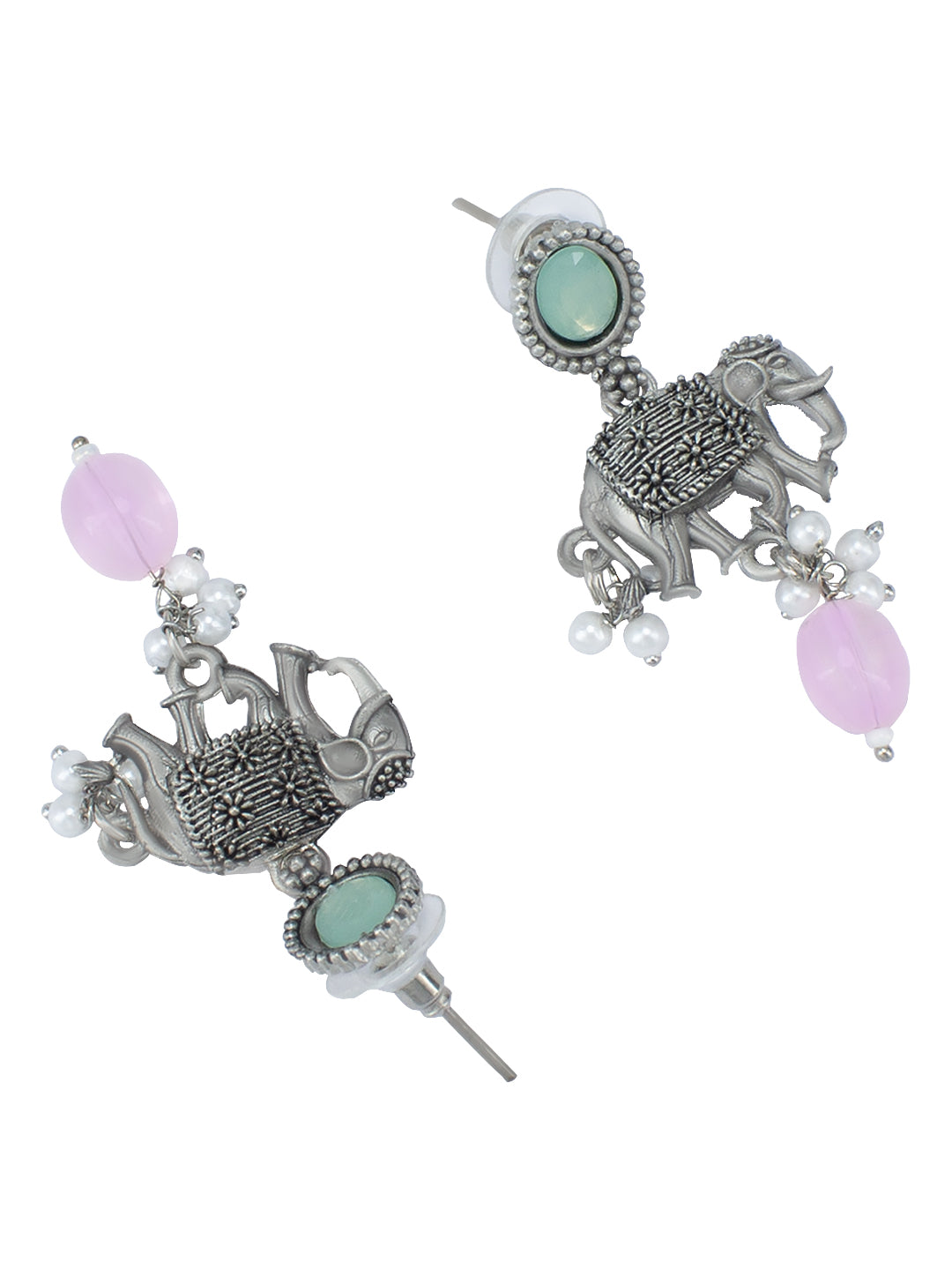 Silver-Plated Elephant Stones-Studded & Beaded Oxidised Jewellery Set