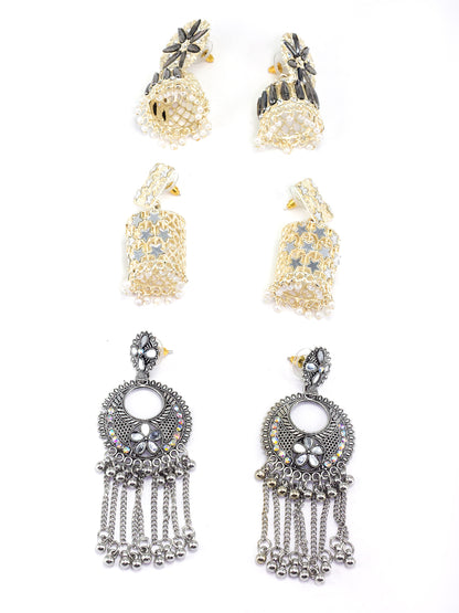 Pack of 3 Gold Plated & Silver Oxidised Artificial Beads & Mirror Studded Jhumka Earrings