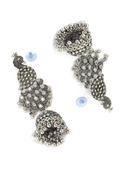 Silver Oxidised Peacock Jhumka Earrings