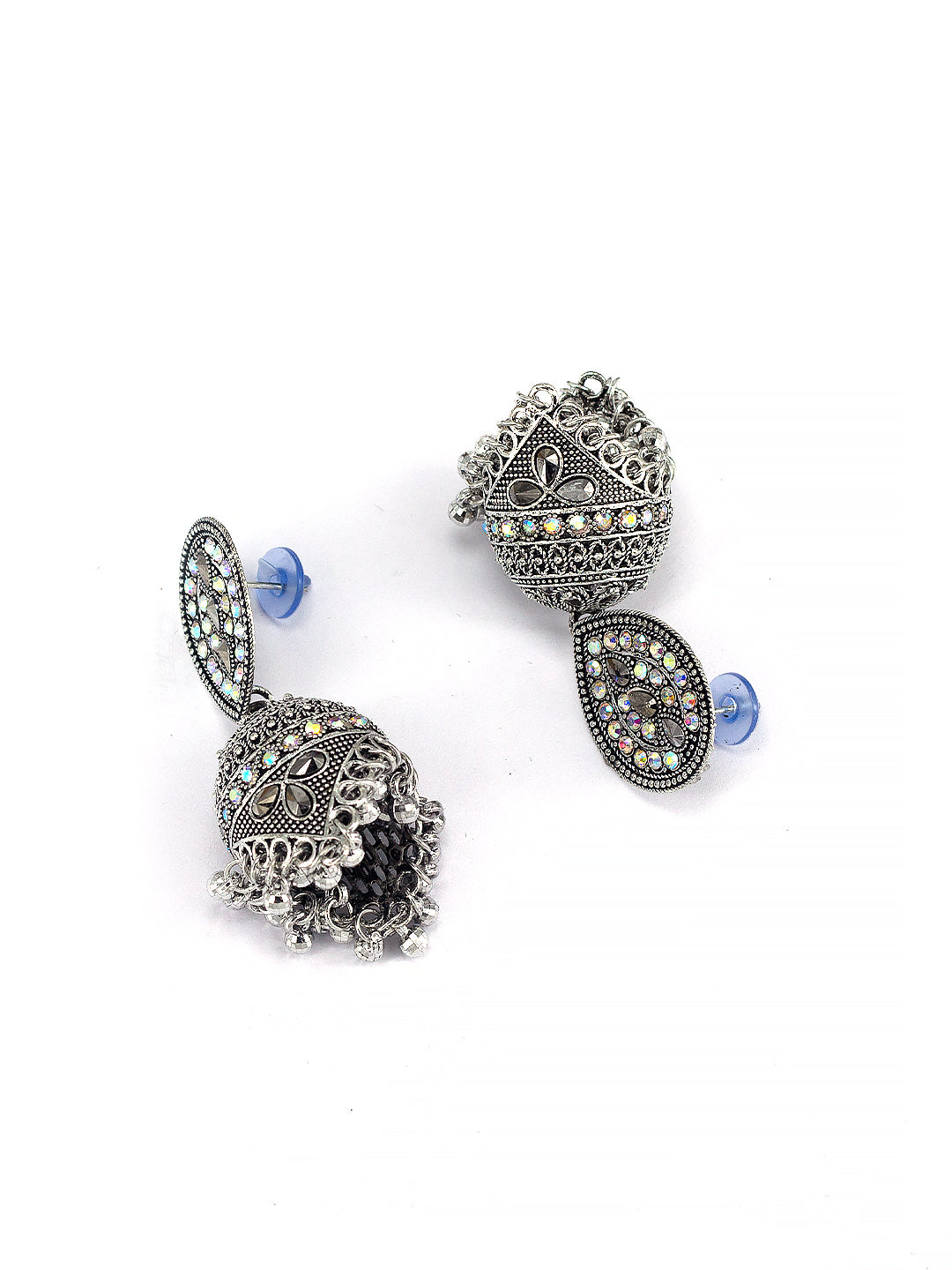 Silver Oxidised Artificial Stone Studded Jhumka Earrings