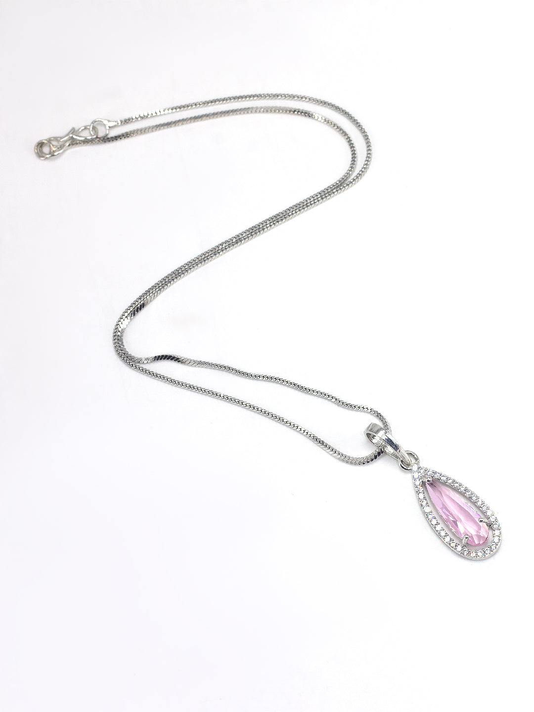 Rhodium Plated Pink Drop American Diamond Trendy Pendant Set