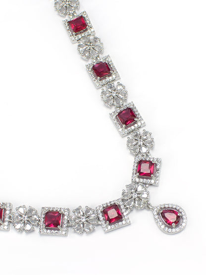 Rhodium-Plated Red American Diamond Studded Jewellery Set