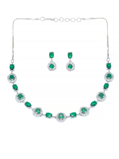 Rhodium Plated Green American Diamond Minimal Jewellery Set