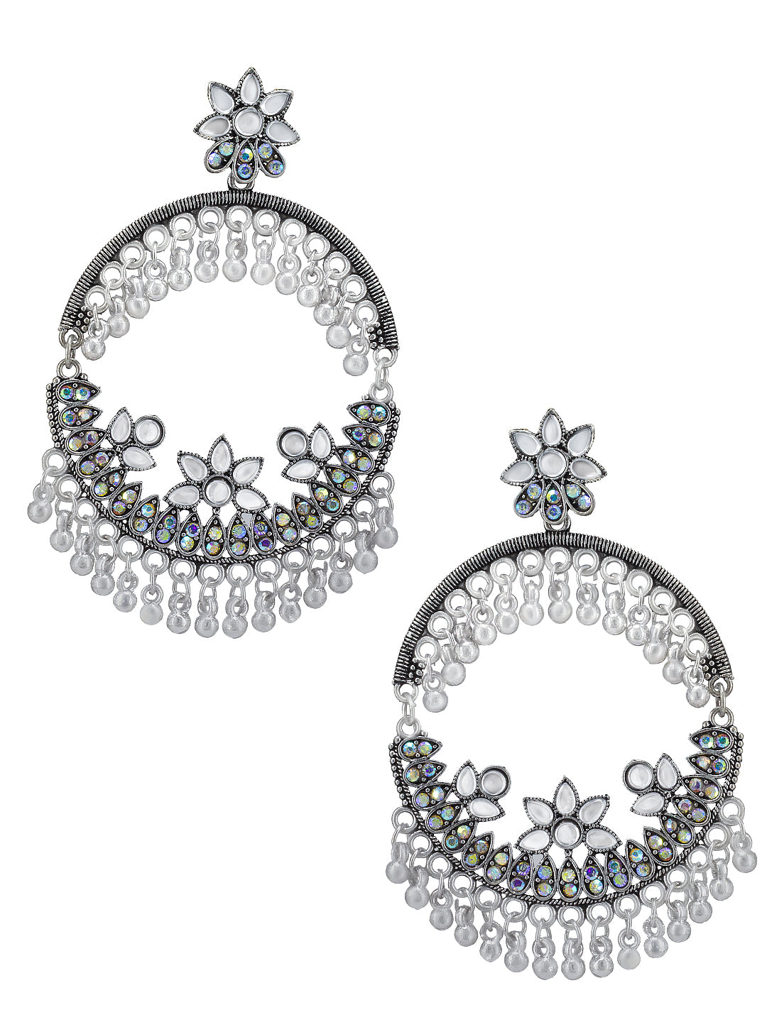 Silver Oxidised Artificial Stones & Beads Chandbali Earrings