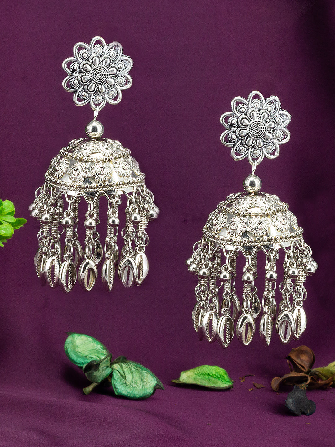 Silver Oxidised Floral Jhumka Earrings