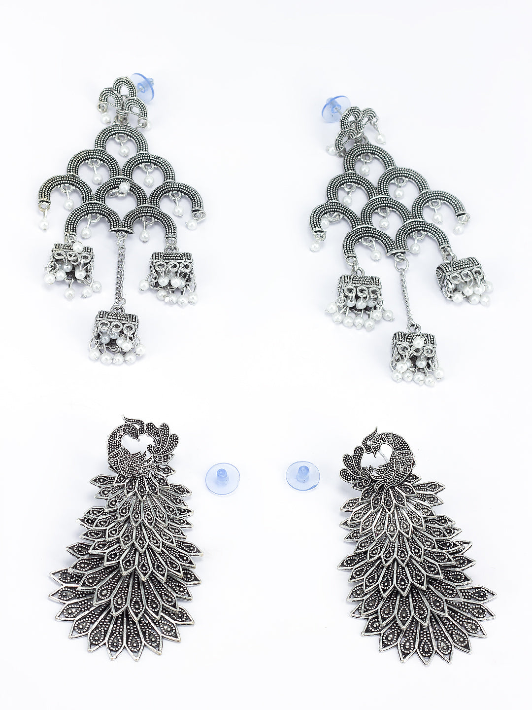 Pack Of 2 Silver-Oxidised Peacock Shaped Artificial Stones Studded Jhumkas