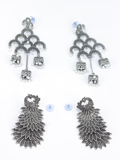 Pack Of 2 Silver-Oxidised Peacock Shaped Artificial Stones Studded Jhumkas