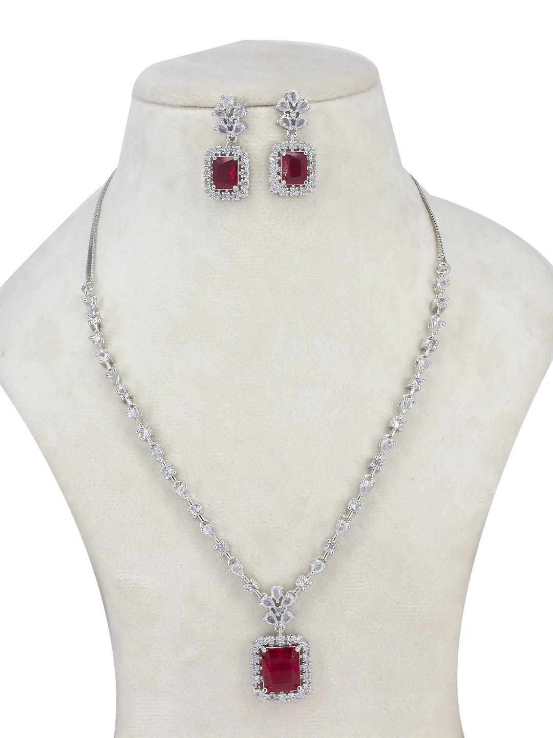 Rhodium Plated Red Square American Diamond Jewellery Set