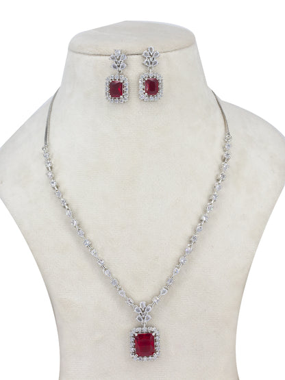 Rhodium Plated Red Square American Diamond Jewellery Set