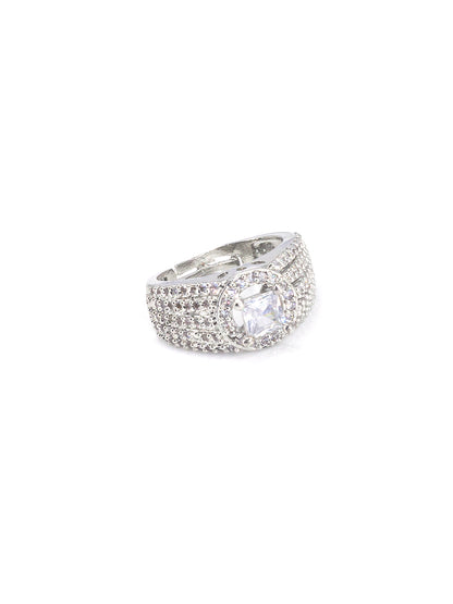 Rhodium Plated American Diamond Adjustable Finger Ring