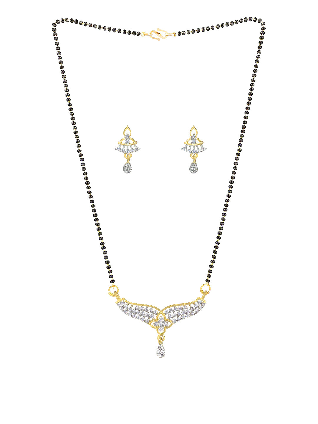 Gold Plated American Diamond & Black Beaded Trendy Mangalsutra With Earrings