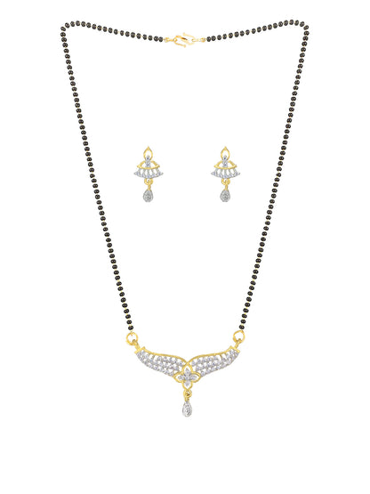 Gold Plated American Diamond & Black Beaded Trendy Mangalsutra With Earrings