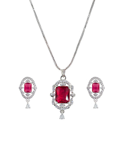 Rhodium Plated Red American Diamond Studded Pendant Set