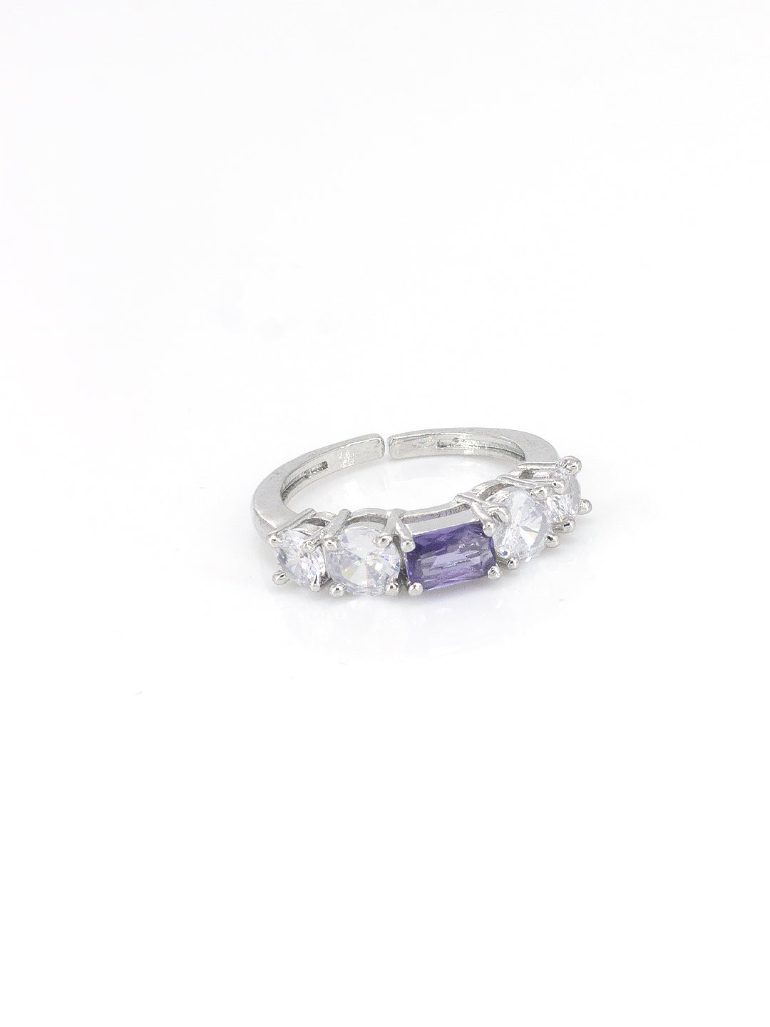 Rhodium Plated Purple American Diamond Adjustable Finger Ring