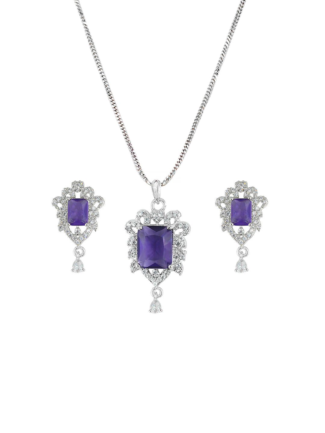 Rhodium Plated Purple American Diamond Studded Pendant Set