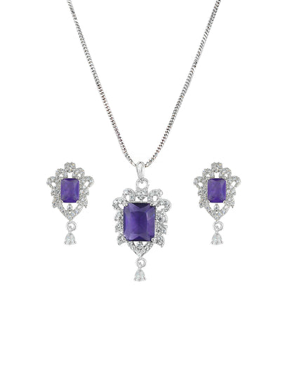 Rhodium Plated Purple American Diamond Studded Pendant Set