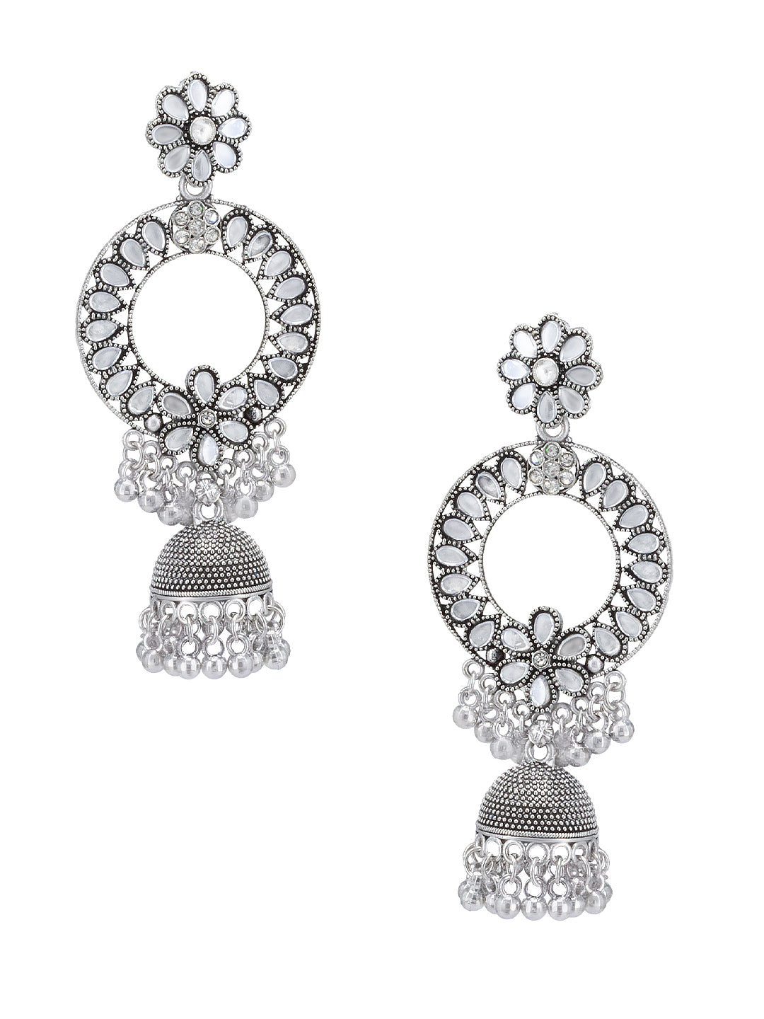 Silver Oxidised Floral Mirror Studded Chandbali Jhumka Earrings