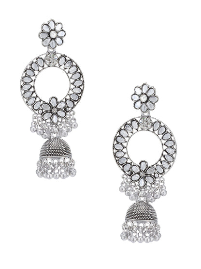 Silver Oxidised Floral Mirror Studded Chandbali Jhumka Earrings