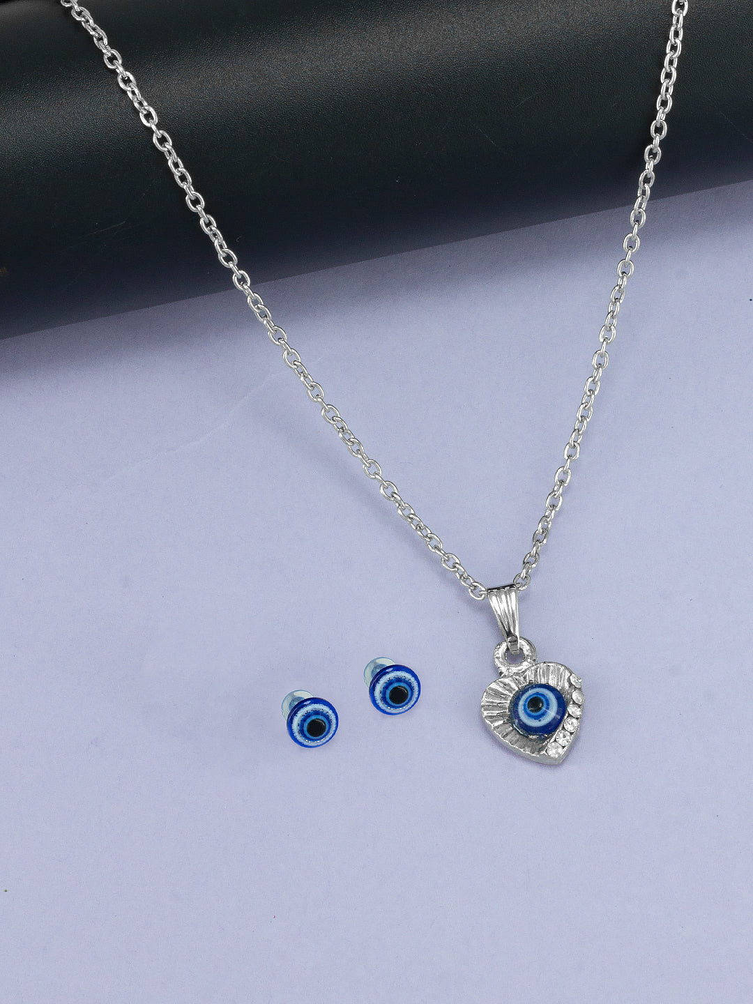 Silver Plated Evil Eye Heart Shaped Pendant & Studs Set