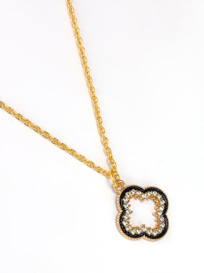 Gold Plated & Black Floral Shaped Pendant & Studs Set