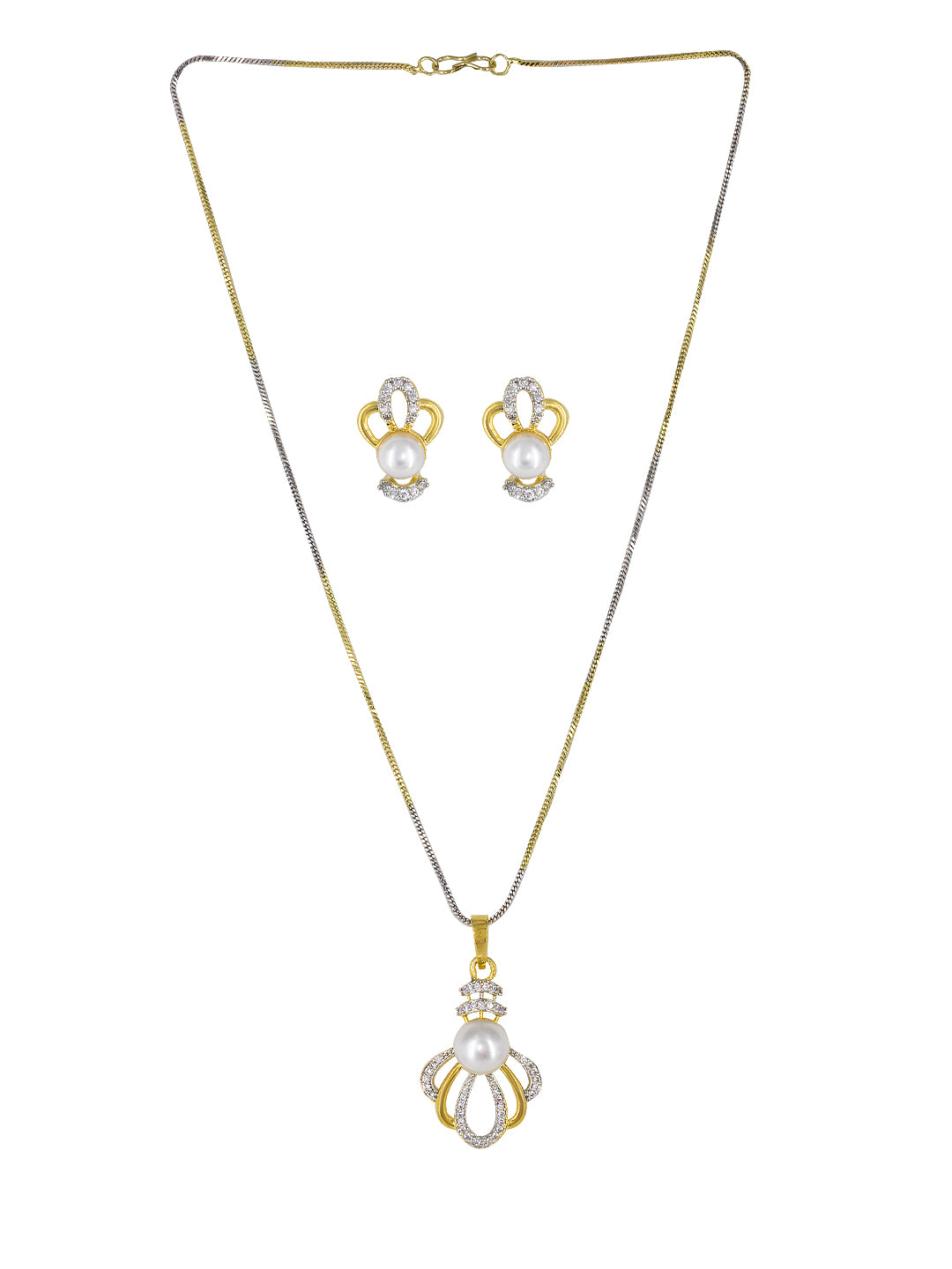 Gold Plated American Diamond Crown Trendy Pendant & Earring Set