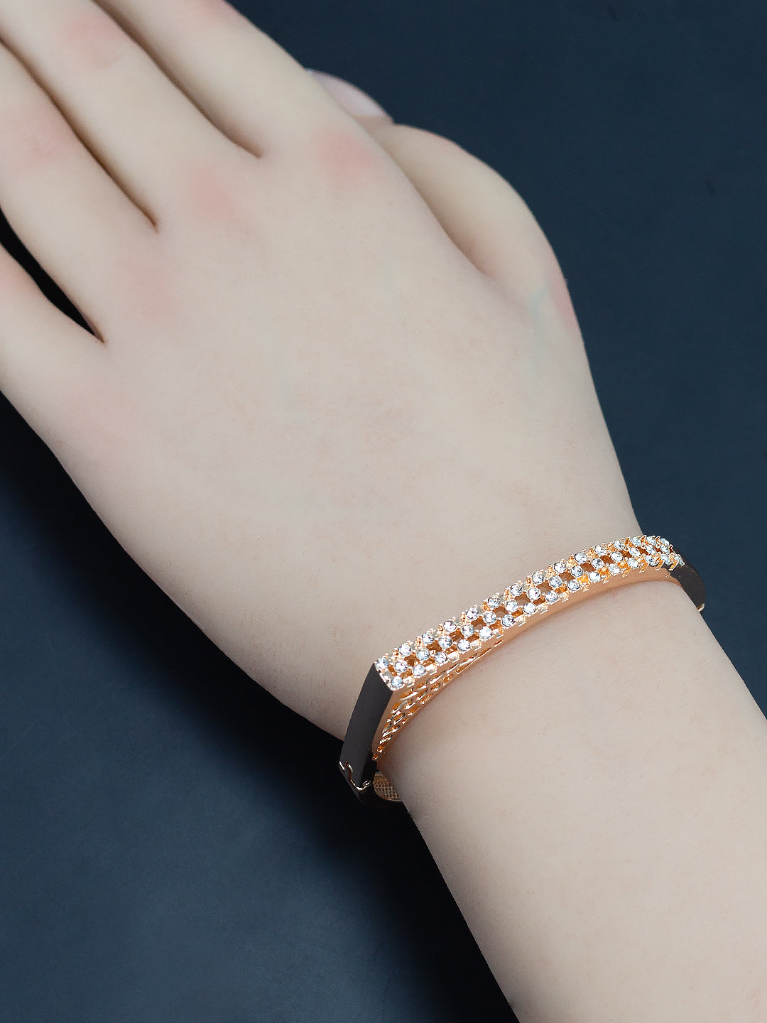 Rose Gold Plated American Diamond Studded Stainless Steel Bracelet