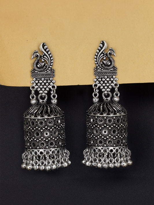 Silver Oxidised Peacock Jhumka Earrings