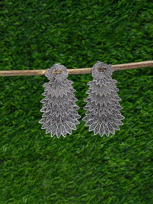 Silver Oxidised Peacock Jhumka Earrings