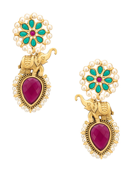 Gold-Plated Stone-Studded & Beaded Contemporary Drop Earrings