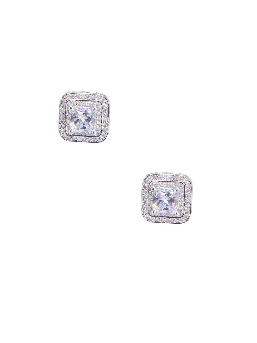 Rhodium Plated Square Shaped American Diamond Earrings