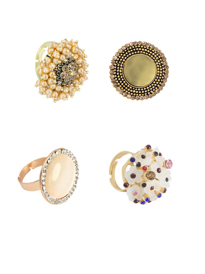 Set of 4 Gold Plated Artificial Stones & Mirror Round Shaped Adjustable Finger Rings