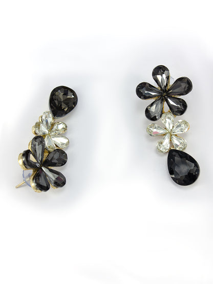 Black Crystals Studded Floral Drop Earrings