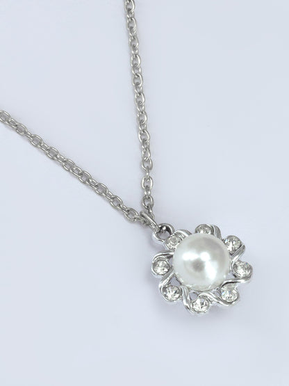 Silver Plated Pearl Floral Pendant & Studs Set