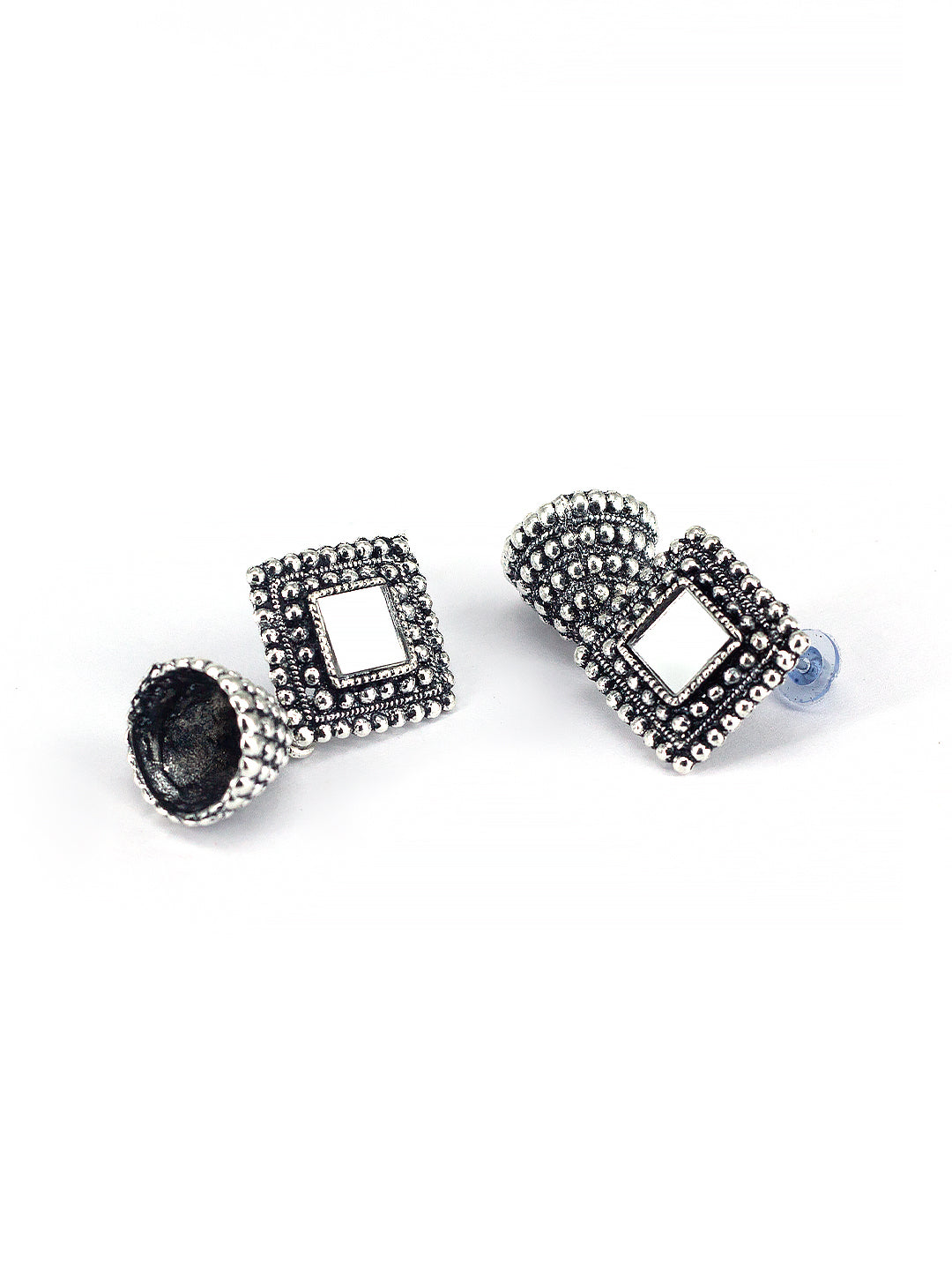 Silver Oxidized Square Mirror Studded Jhumki Earrings