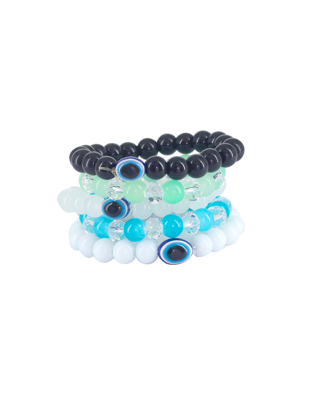 Set of Five Evil Eyes and Green & Blue Elastic Trendy Bracelets