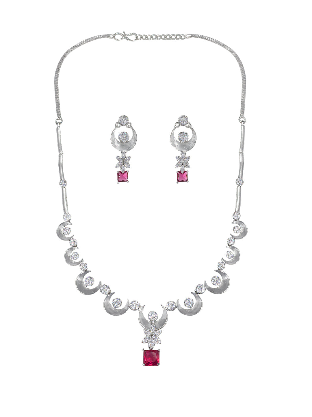 Rhodium Plated Red Crescent AD Jewellery Set